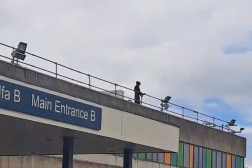 A man in a Grim Reaper costume stands on the roof of a hospital building.