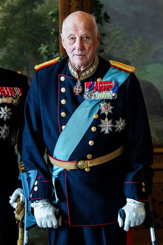 King Harald V of Norway poses for a photo at the Bird Room of the Royal Palace during the Danish royal couple's official state visit to Norway, in Oslo on May 14, 2024.