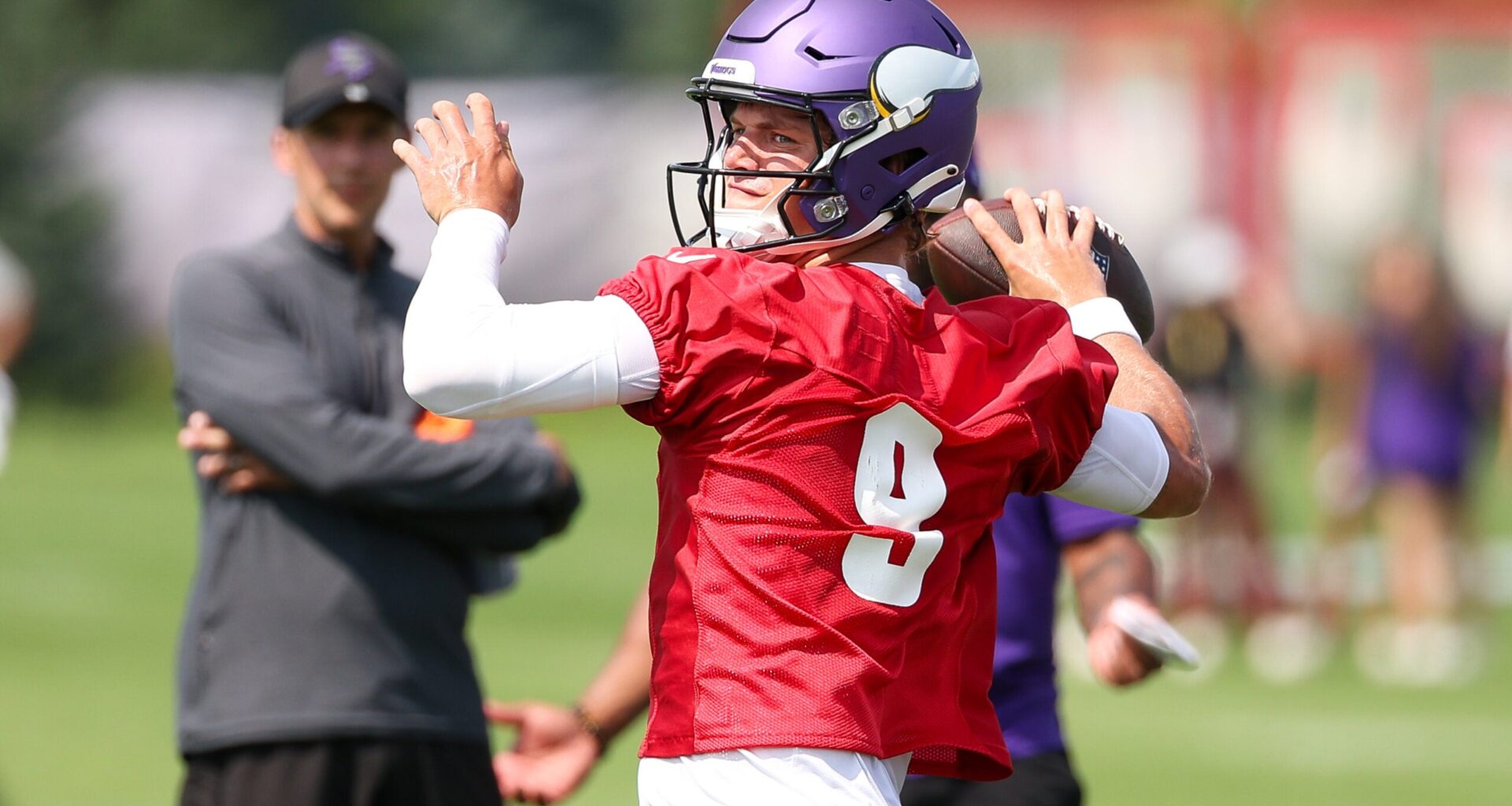 Jul 29, 2025; Eagan, MN, USA; Minnesota Vikings quarterback J.J. McCarthy (9) takes part in drills during the teams training camp at the Minnesota Vikings Training Facility.