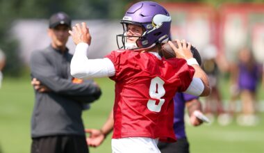 Jul 29, 2025; Eagan, MN, USA; Minnesota Vikings quarterback J.J. McCarthy (9) takes part in drills during the teams training camp at the Minnesota Vikings Training Facility.