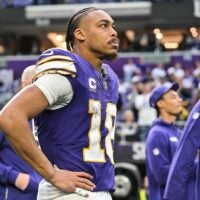 Jan 4, 2026; Minneapolis, Minnesota, USA; Minnesota Vikings wide receiver Justin Jefferson (18) looks on after the game against the Green Bay Packers at U.S. Bank Stadium.