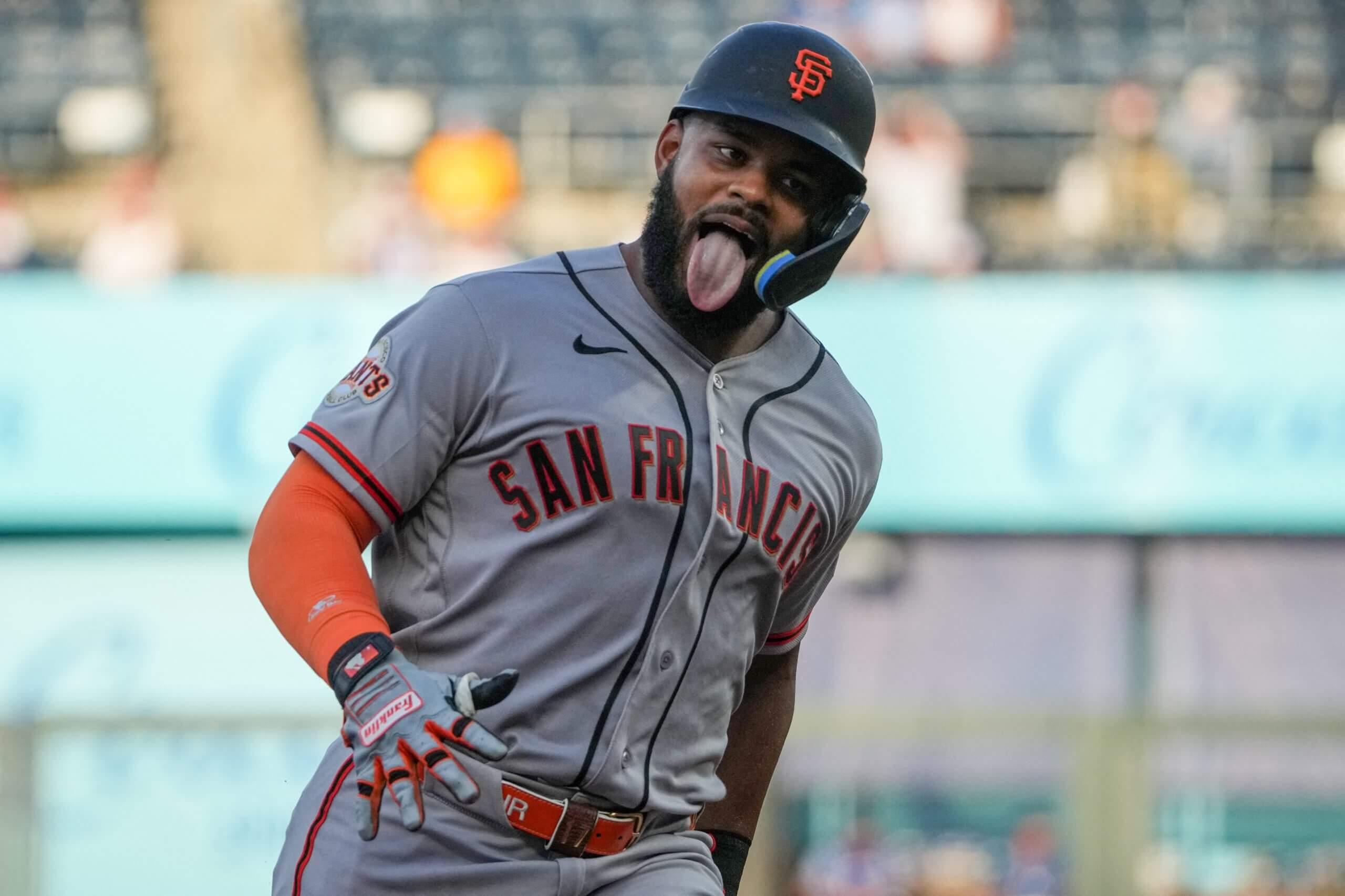 Heliot Ramos celebrates after hitting a solo home run at Kauffman Stadium.