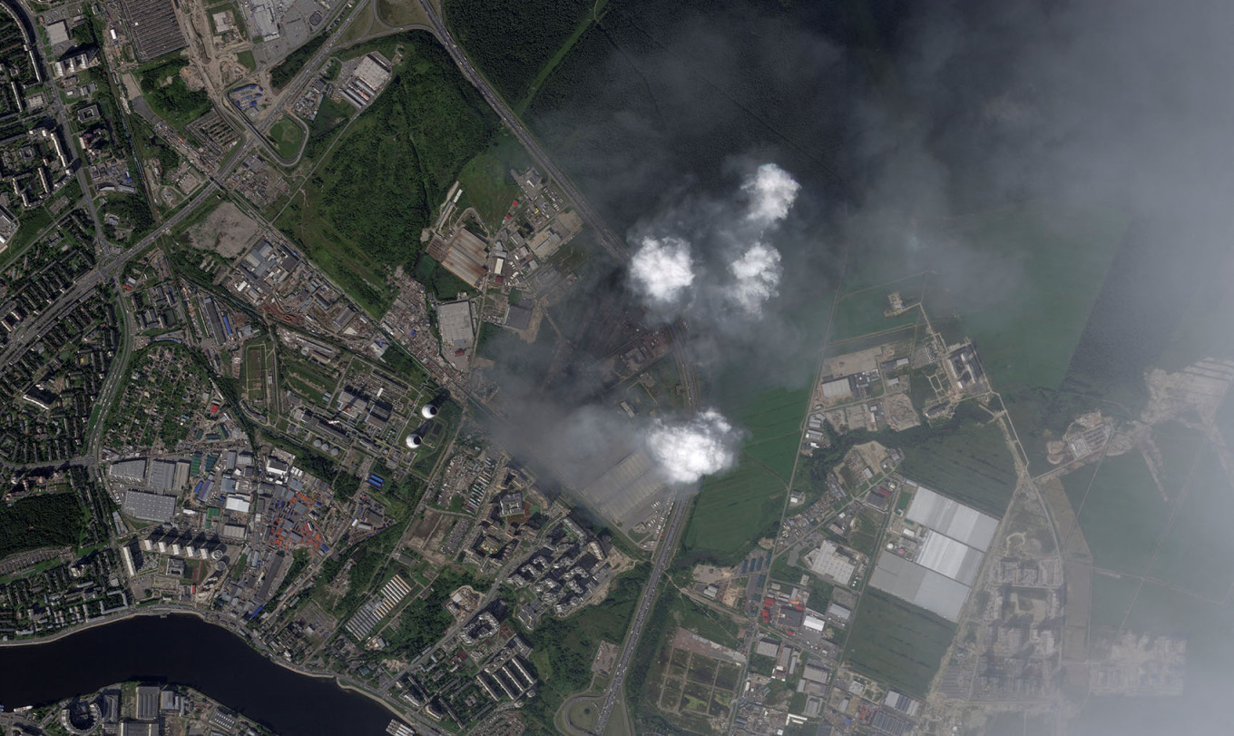 Satellite imagery shows smoke rising from a Wildberries facility in St. Petersburg. Planet Labs PBC via REUTERS