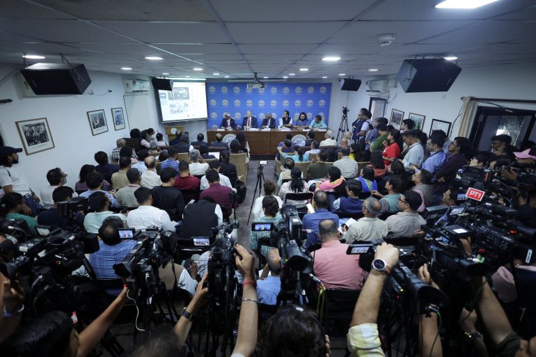 Members of the media record a virtual address (audio only) by Hasina at the Foreign Correspondents’ Club of South Asia in New Delhi, India, on August 5, 2026