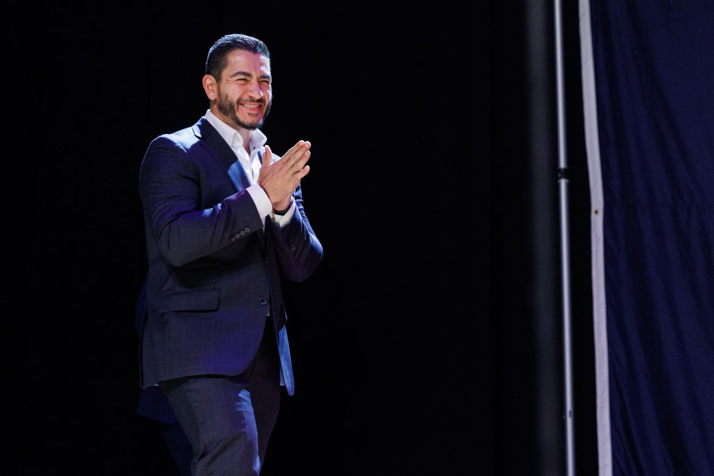 Former Wayne County Health Director Abdul El-Sayed speaks at an election night watch party.