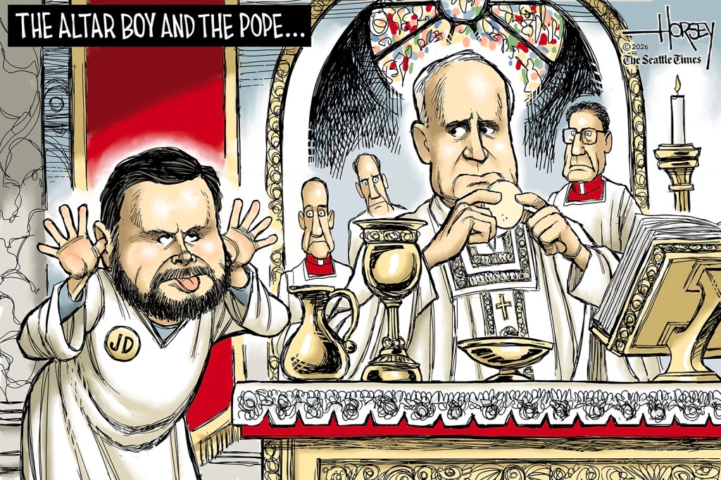 A cartoon by David Horsey depicting Vice President JD Vance mocking Pope Leo XIV.