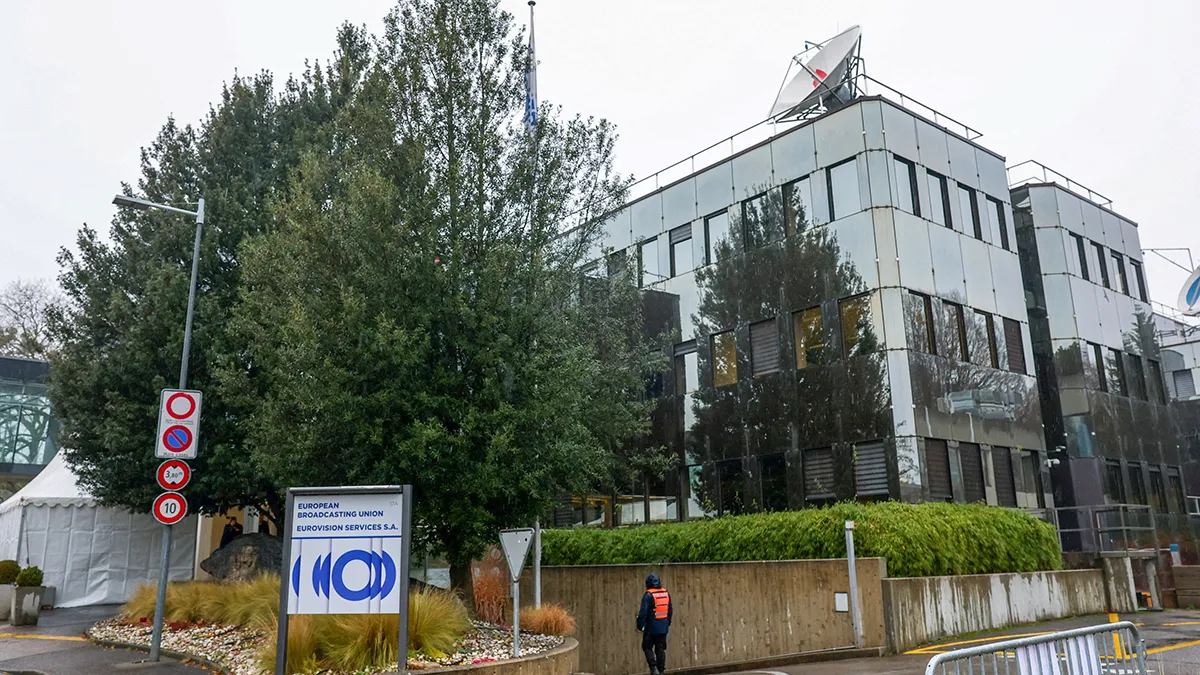 The logo of the European Broadcasting Union (EBU) is seen outside its headquarters - REUTERS/ DENIS BALIBOUSE