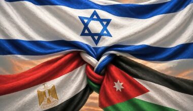 Interlocking flags of Israel, Egypt and Jordan.