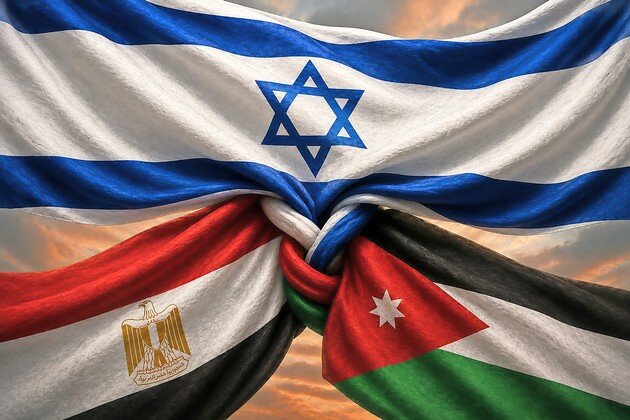 Interlocking flags of Israel, Egypt and Jordan.