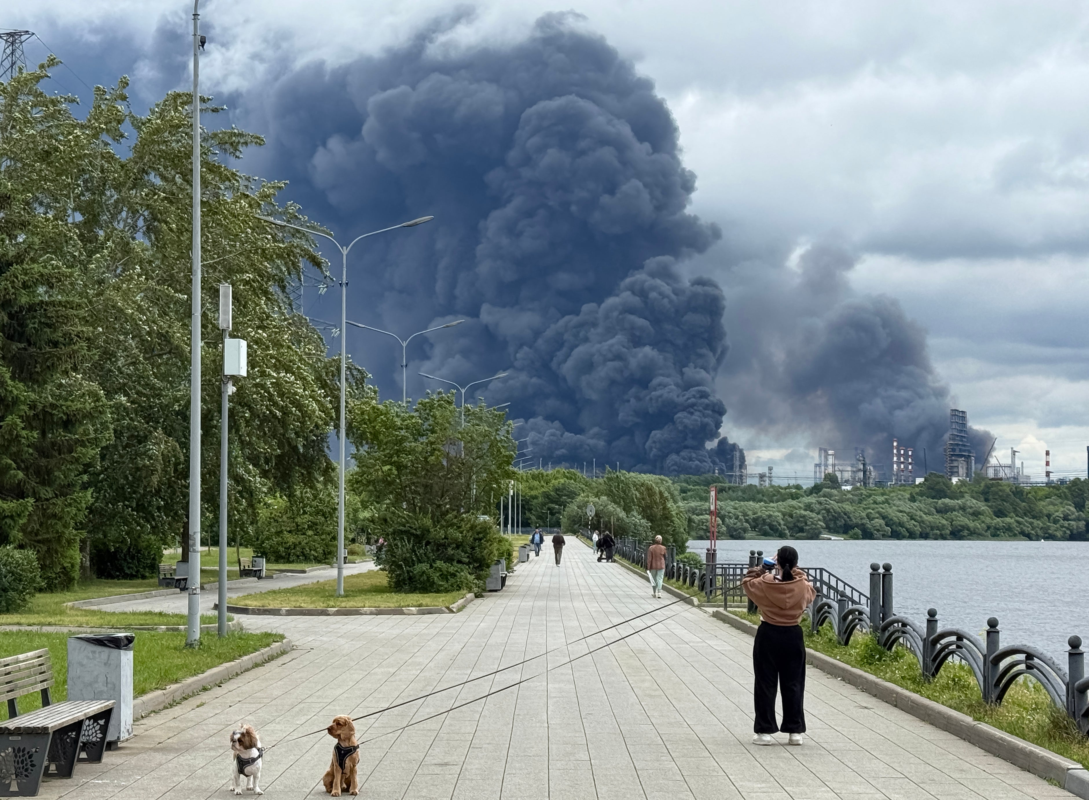 Smoke rises from an oil refinery in Moscow targeted by Ukraine