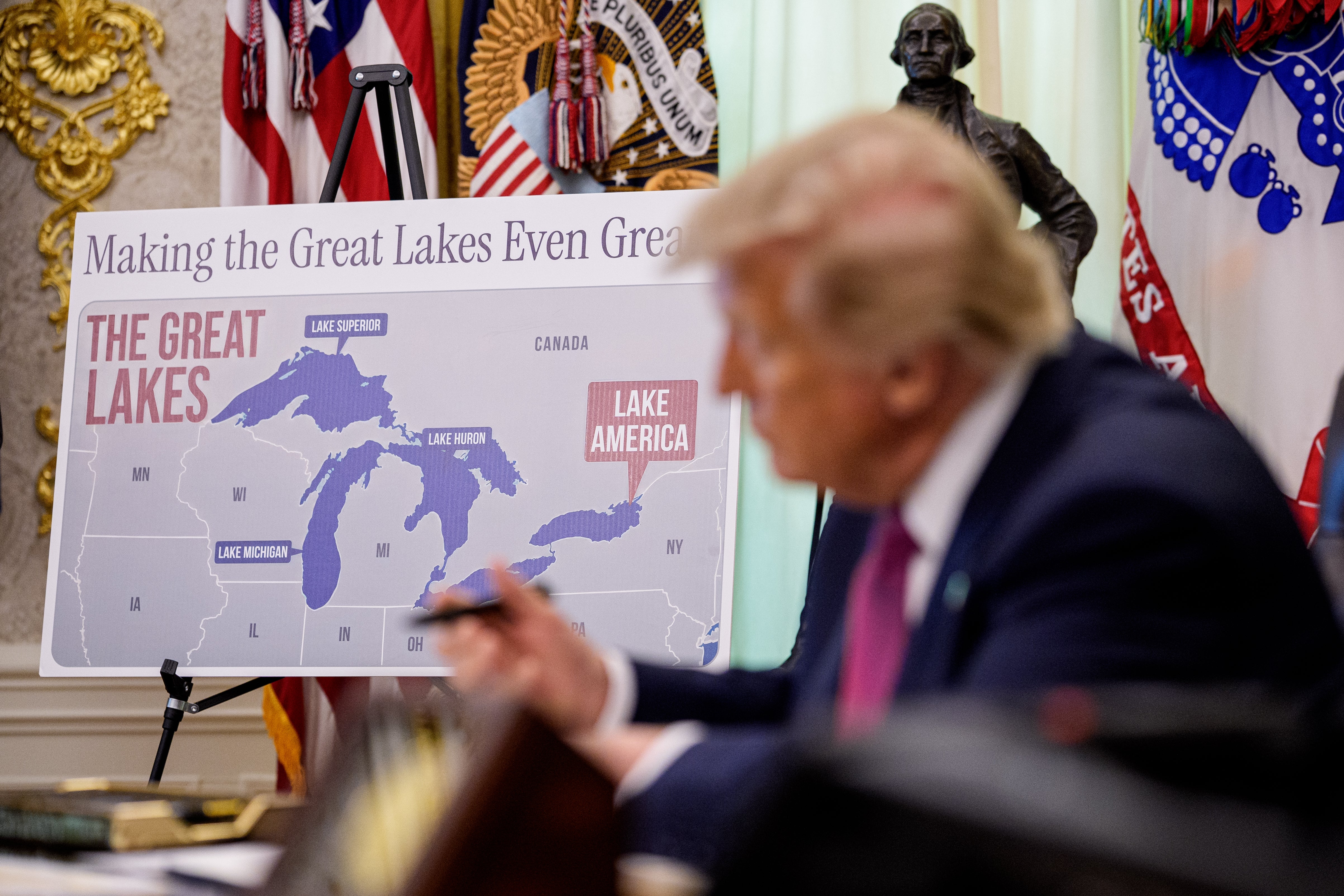 President Donald Trump signs an executive order changing Lake Ontario’s name to ‘Lake America’ amid his trade war with Canada