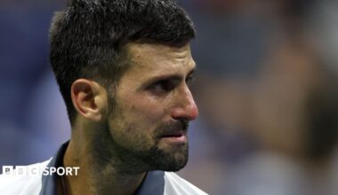 Novak Djokovic cries during his US Open defeat by Mariano Navone