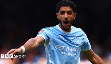 Omar Marmoush shouts and points while playing for Manchester City