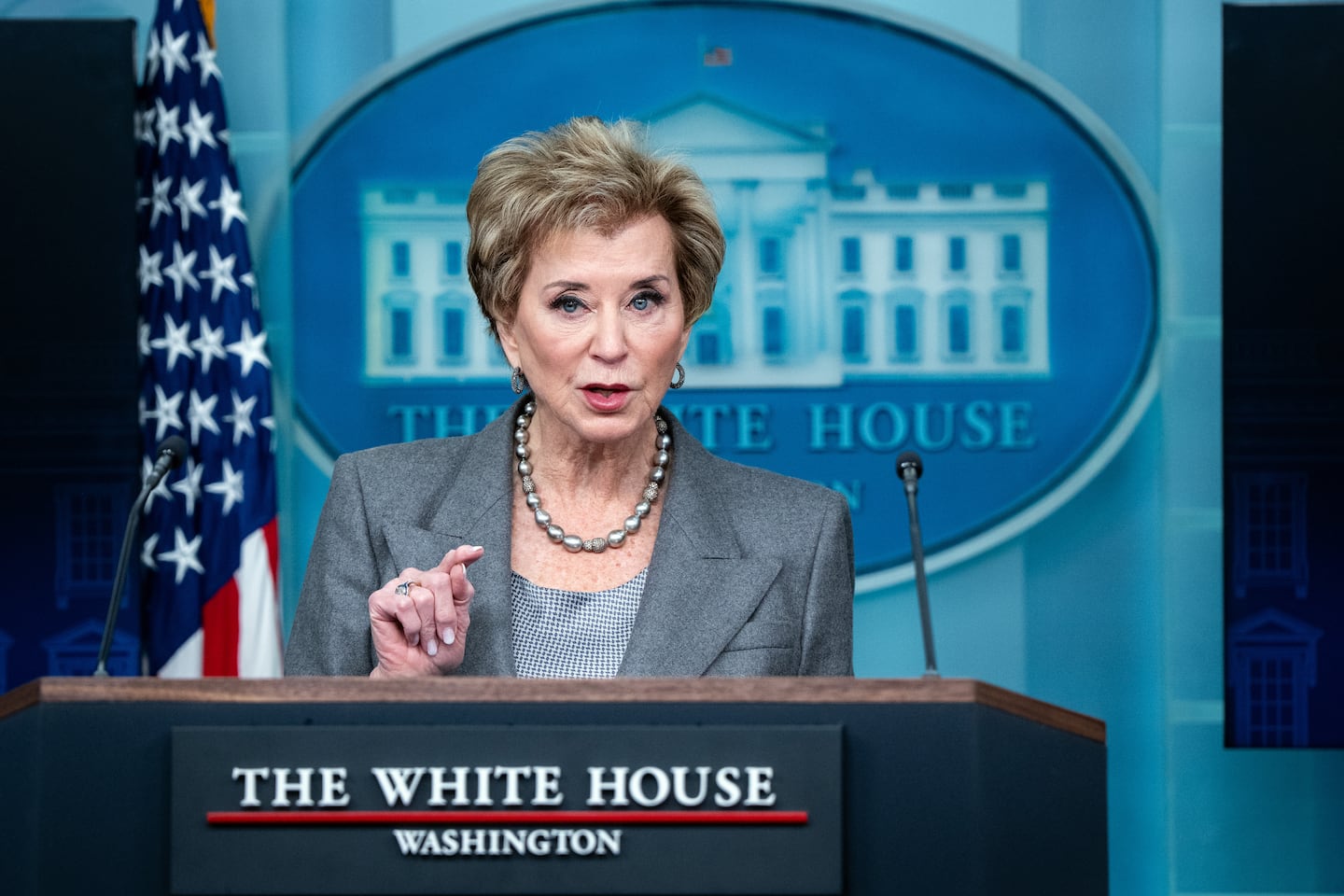 Education Secretary Linda McMahon speaks to reporters at the White House on Thursday, Nov. 20, 2025.