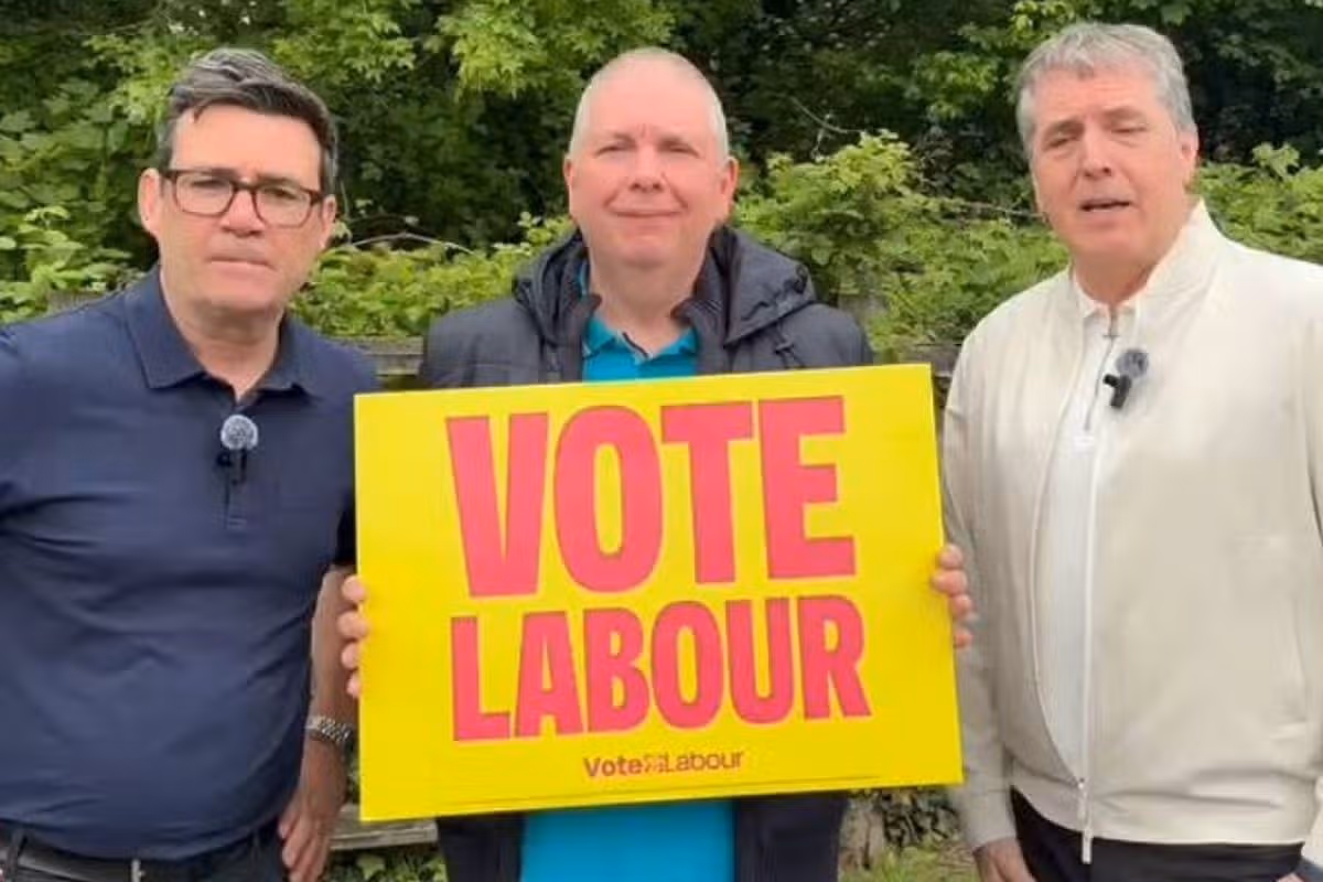 Prime Minister Andy Burnham and Liverpool City Region Mayor Steve Rotheram with newly elected Labour Councillor for Billinge and Seneley Green, Steve Owen