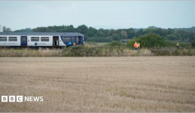 Image shows a train stopped on a railway line, with fields on either side. An official in a hi-vis jacket can be seen standing in front of it.