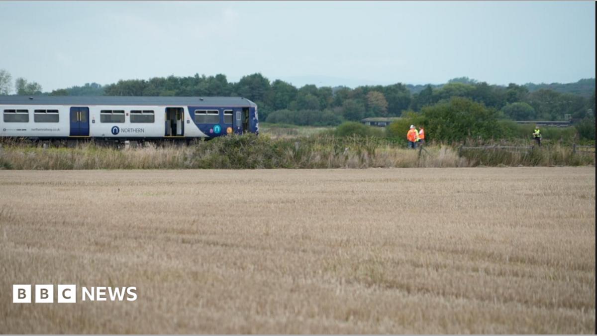 Image shows a train stopped on a railway line, with fields on either side. An official in a hi-vis jacket can be seen standing in front of it.
