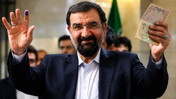 Mohsen Rezaei displays his identification document and inked finger as he registers to run in Iran’s presidential election.