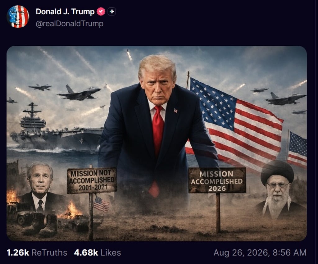 US President Trump posted an image on his social media platform on Wednesday, declaring “Mission Accomplished 2026”. Image: Truth Social/realDonaldTrump
