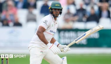 Leicestershire opener Rishi Patel looks in after playing a shot at Scarborough