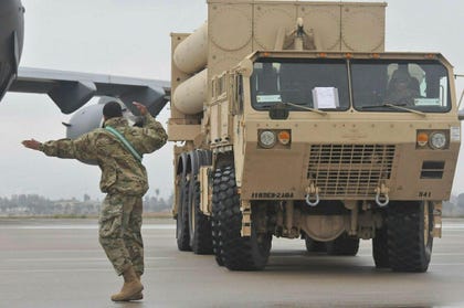 A battery of the Americans' THAAD missile defense system lands in Israel, March.