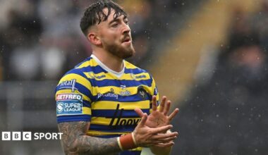 Warrington Wolves wing Matt Ashton applauds the club's travelling fans after their win at Hull FC