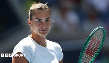 Aryna Sabalenka reacts during practice at the 2026 US Open