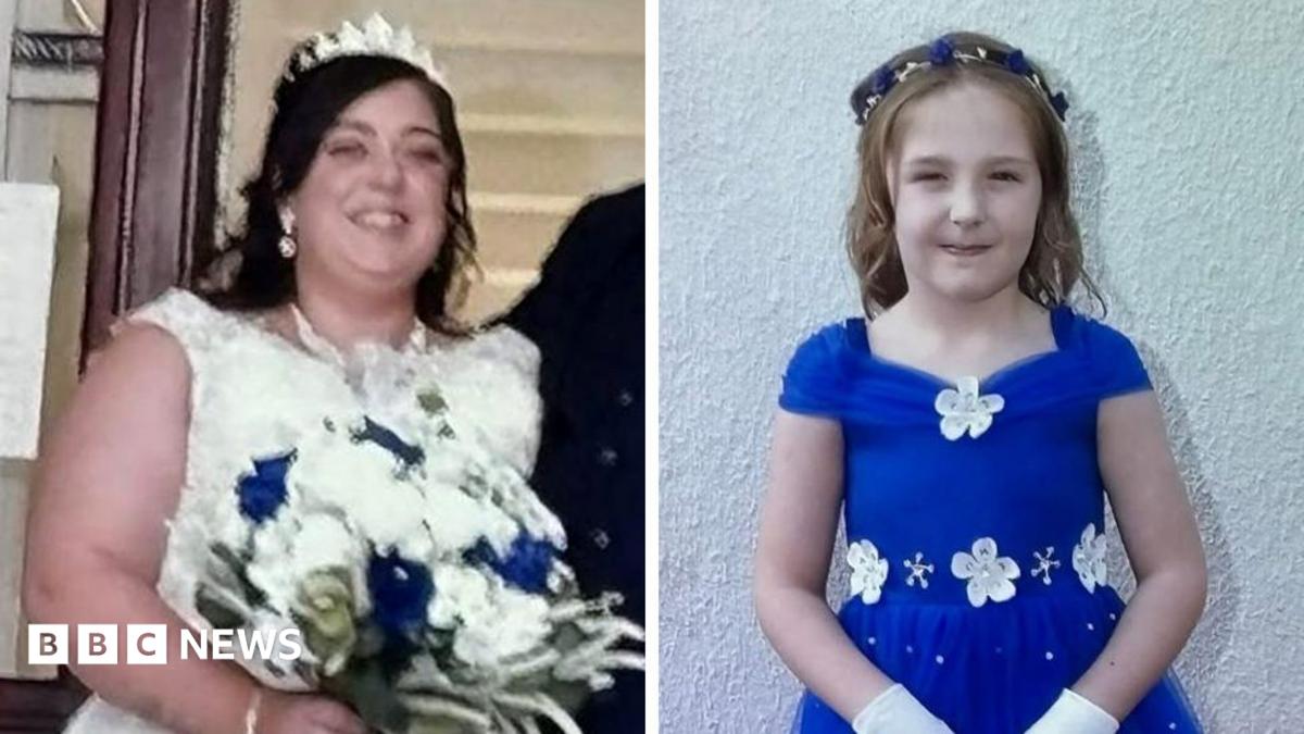 A composite image of Natalie McDonald and Valentina Foster. McDonald is wearing a white wedding dress with a tiara perched on her head. She has long dark hair and is holding a bouquet of white roses with four blue ones dotted within it. Valentina wears an electric blue dress with white flowers on the neckline and waist. She has long light brown hair with a blue and white headband. She is holding a small white basket with white and blue roses and she wears white gloves.