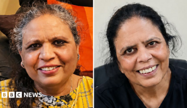 A composite image of Hema Sunil Amin and Jitendra Patel. Hema Sunil Amin, on the left, has brown and grey curly hair in a ponytail. She is smiling and is wearing a yellow floral T-shirt. Amin is on the right and has black hair in a ponytail. She is also smiling and is wearing a black T-shirt.