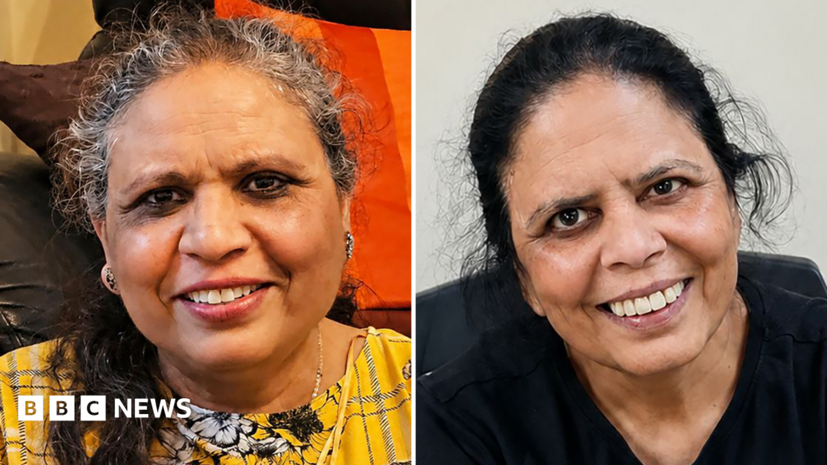 A composite image of Hema Sunil Amin and Jitendra Patel. Hema Sunil Amin, on the left, has brown and grey curly hair in a ponytail. She is smiling and is wearing a yellow floral T-shirt. Amin is on the right and has black hair in a ponytail. She is also smiling and is wearing a black T-shirt.