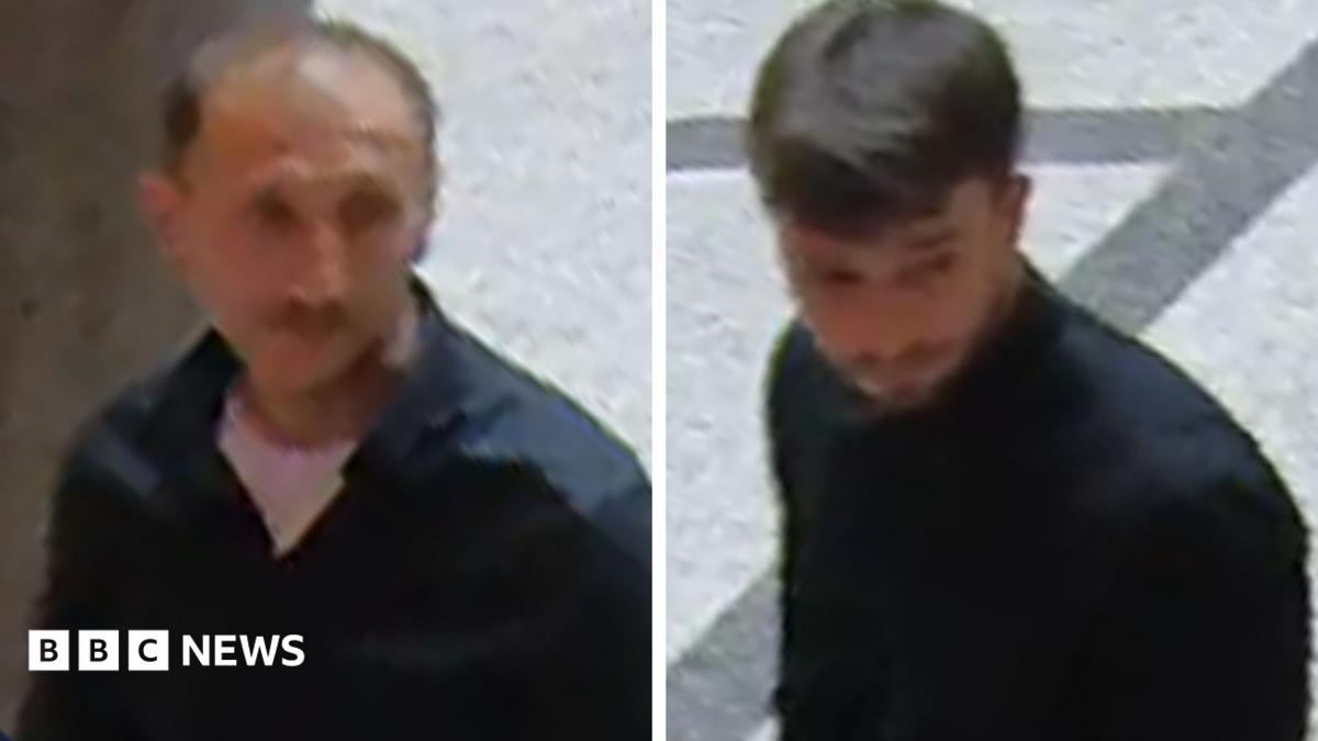 Grainy stills of two men walking through an atrium wearing dark tops.
