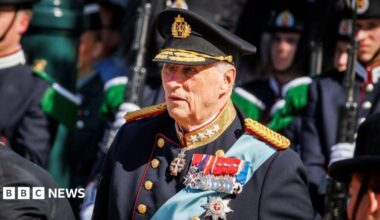 King Harald at the Welcoming Ceremony for the Danish King and Queen at the on May 14, 2024 in Oslo, Norway