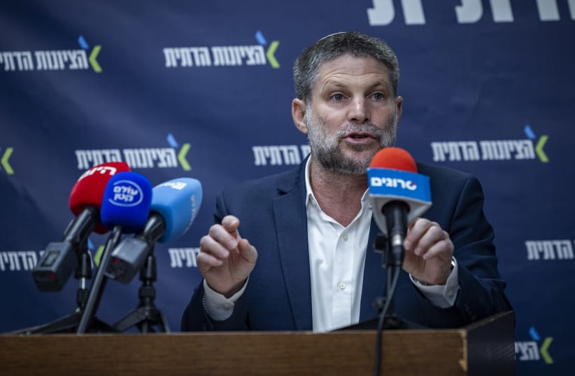 Minister of Finance and Head of the Religious Zionist Party Bezalel Smotrich leads a faction meeting at the Knesset, the Israeli parliament in Jerusalem, July 6, 2026.
