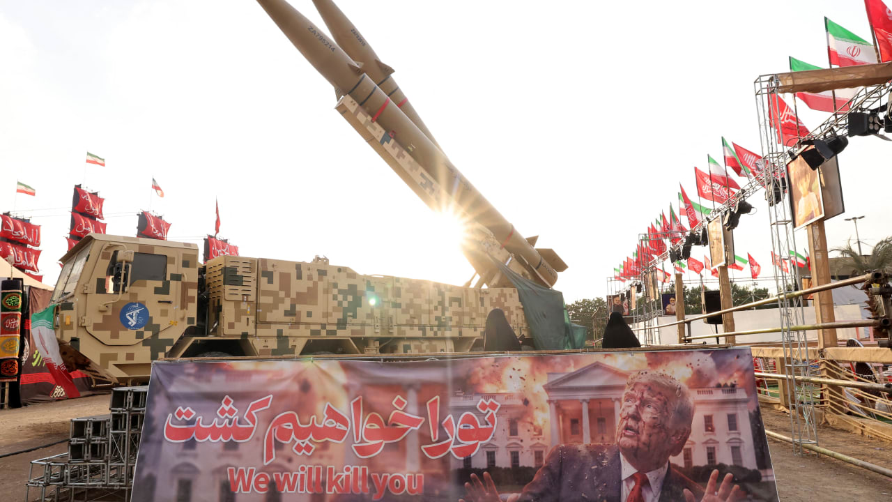 Iranian-made Zolfaghar missiles are displayed at Azadi Square in Tehran on August 2, 2026.
