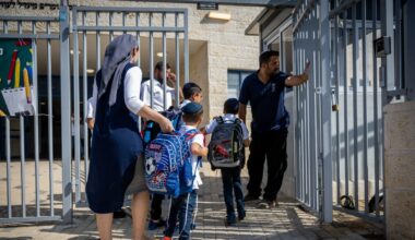 Young students arrive to the classroom at the opening of the new school year in a school for ultra orthodox jewish boys, in Beit Shemesh, August 28, 2022.
