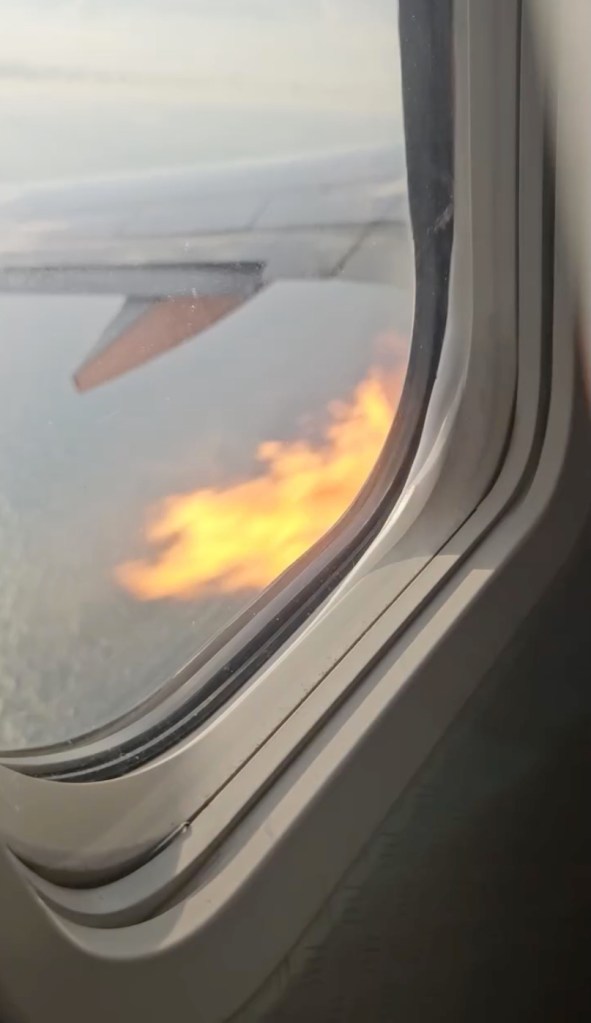 Flames shoot from an airplane engine, as seen from a passenger window.
