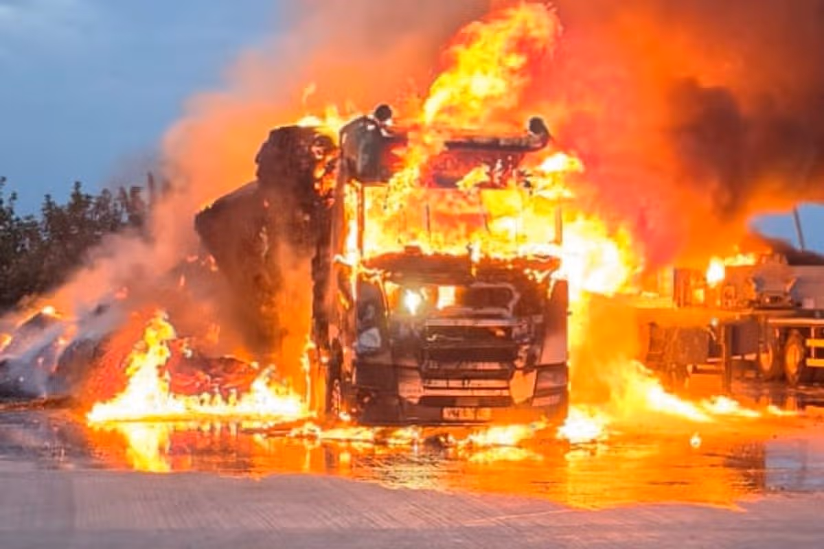 Fire crews were called to the large HGV fire at the Junction Lane in Newton-le-Willows, close to the Nine Arches, August 3