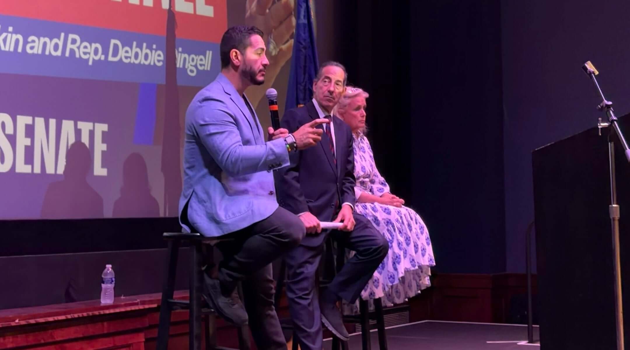 (L-r) Abdul El-Sayed, Michigan's Democratic candidate for U.S. Senate, joins Maryland U.S. Rep. Jamie Raskin and Michigan U.S. Rep. Debbie Dingell for a town hall in Ann Arbor, Mich., Aug. 26, 2026.