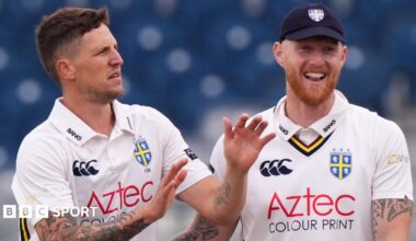 Brydon Carse and Ben Stokes smiling in Durham kits during the win over Gloucestershire