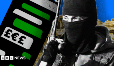A composite image showing a stylised rendition of a phone with WhatsApp-style text message bubbles in grey and green, with one displaying currency symbols. On the right-hand side is an image of an IS militant with his face covered with a balaclava and carrying an assault rifle, with an image of war-torn Syria behind him.