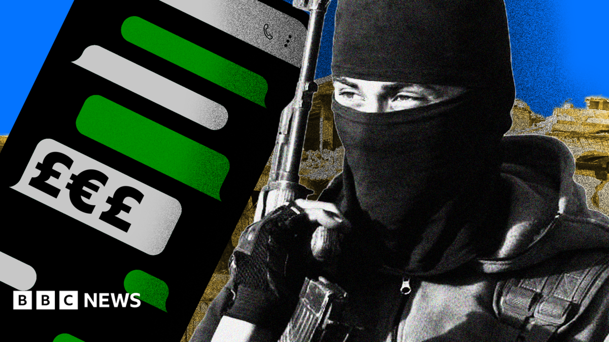 A composite image showing a stylised rendition of a phone with WhatsApp-style text message bubbles in grey and green, with one displaying currency symbols. On the right-hand side is an image of an IS militant with his face covered with a balaclava and carrying an assault rifle, with an image of war-torn Syria behind him.