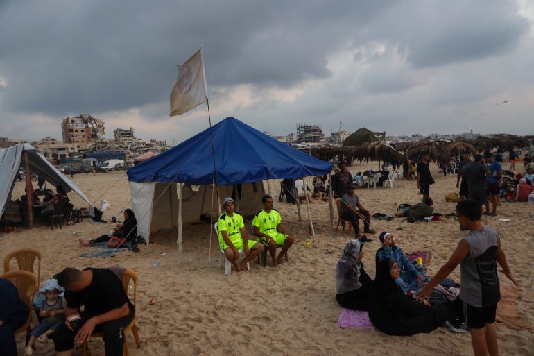 Beach watchtowers have been destroyed during Israel’s war, forcing lifeguards to use tents