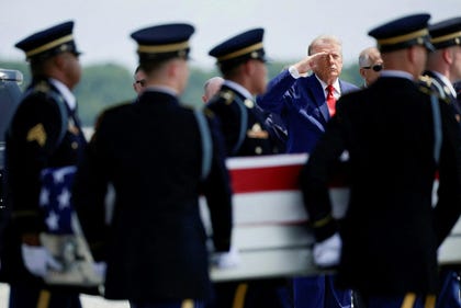 U.S. President Donald Trump salutes during a dignified transfer of the remains of U.S. Army service members killed during an attack on Muwaffaq Salti Air Base in Jordan in July. Credit: Evan Vucci/Reuters U.S. President Donald Trump salutes during a dignified transfer of the remains of U.S. Army service members killed during an attack on Muwaffaq Salti Air Base in Jordan in July.