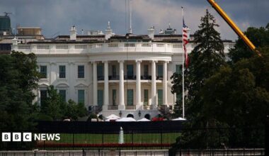 Exterior shot of the White House's South lawn, the Truman balcony (portico area enclosed by six white columns in the Ionic style, with a distinctive scroll-shaped ornaments called volutes on the capital. A yellow crane can be seen emerging from trees to the left of the frame