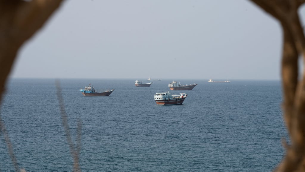 Vessels near the Strait of Hormuz, as seen from Musandam, Oman, on Monday. Photo: Reuters
