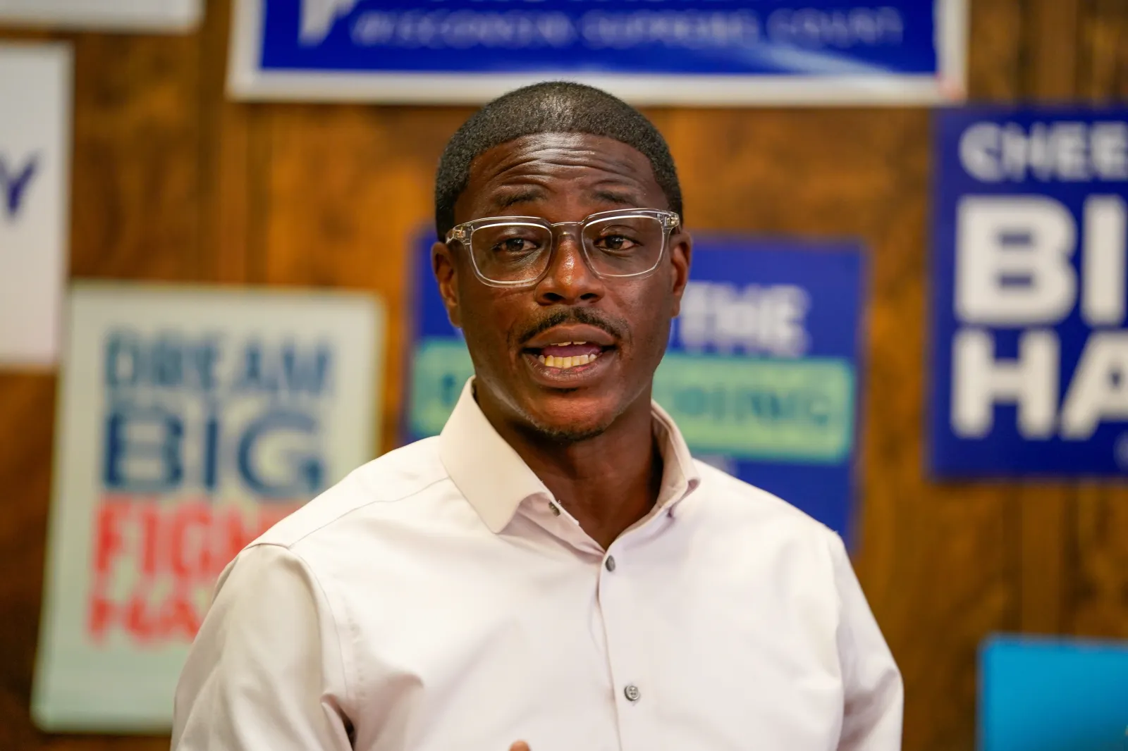 Milwaukee County Executive David Crowley speaks to supporters in Sheboygan, Wisconsin, on August 7, 2026.