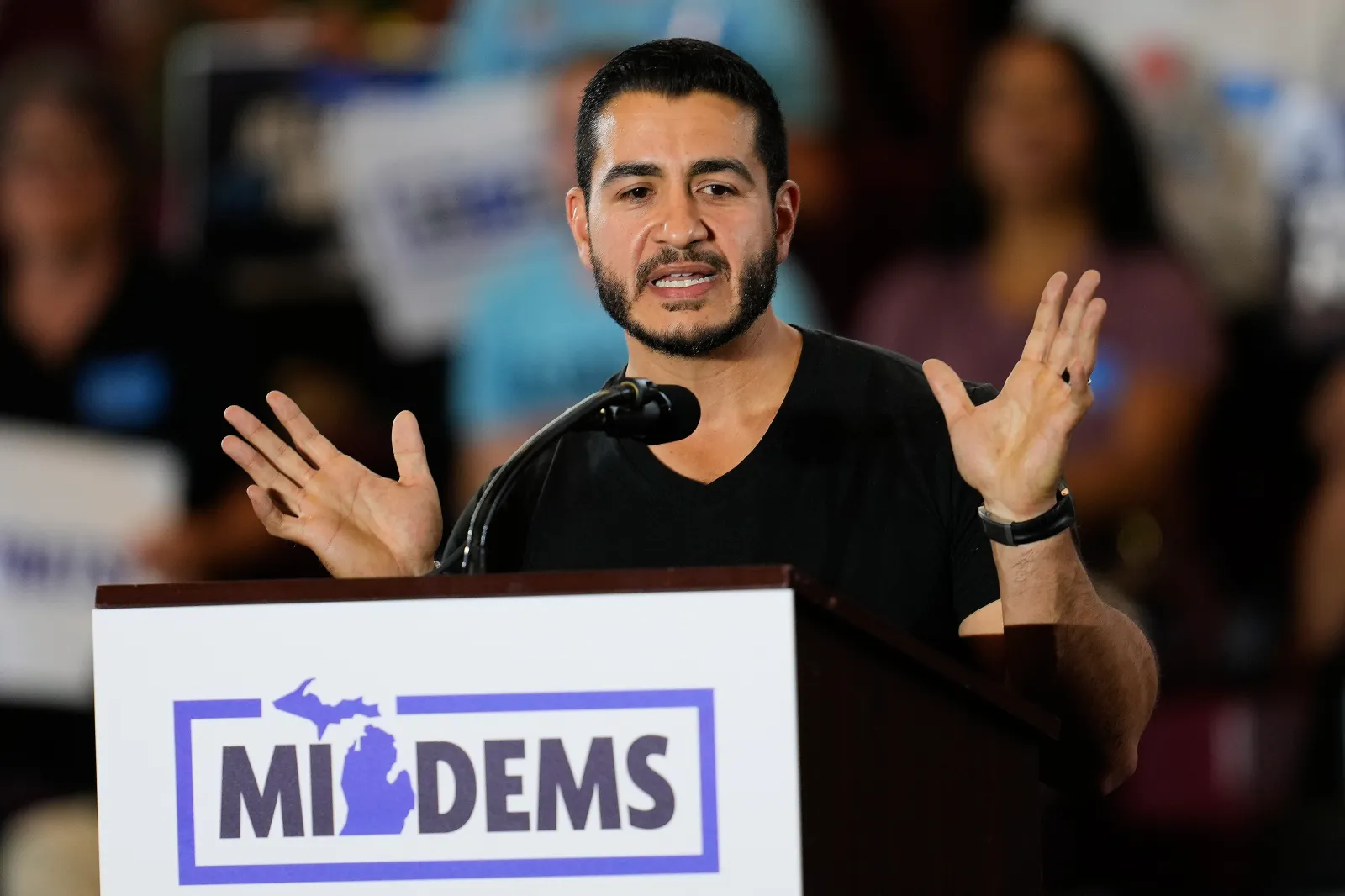 Democratic nominee for U.S. Senate Abdul El-Sayed Speaks at a general election kickoff rally for Michigan Democrats at Renaissance High School on August 7, 2026, in Detroit.