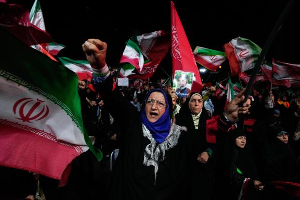A pro-government demonstrator chants slogans during a gathering in a square in Tehran.