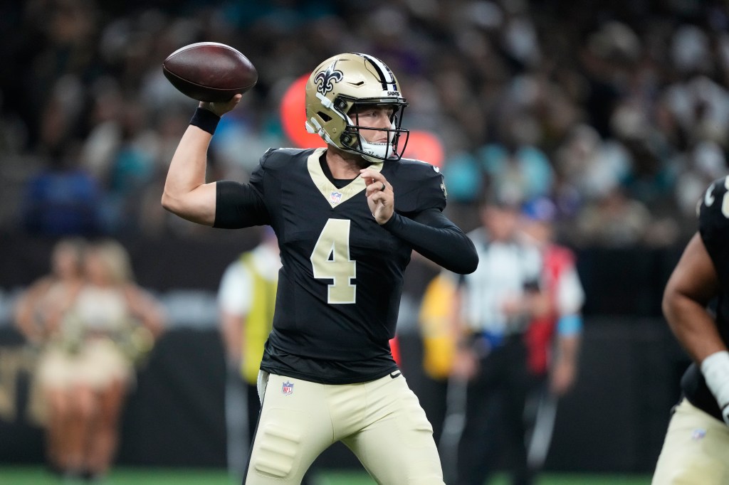 New Orleans Saints quarterback Zach Wilson throws during the first half of an NFL preseason football game against the Jacksonville Jaguars Saturday, Aug. 15, 2026, in New Orleans.
