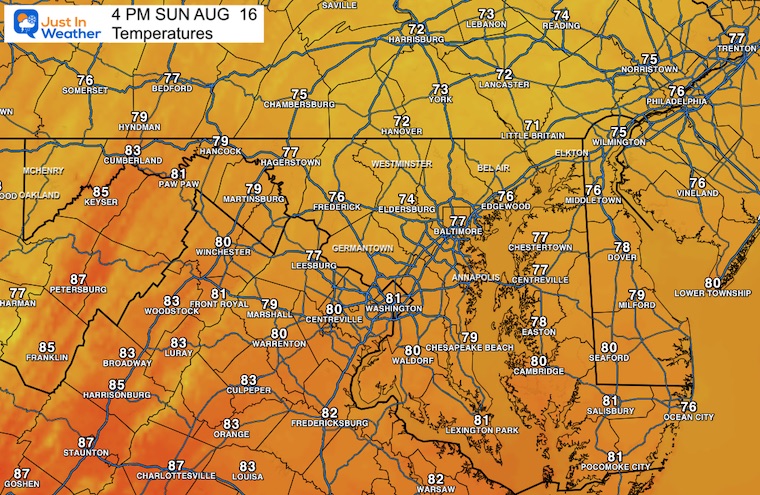 Sunday August 16 weather temperatures Sunday 4 PM